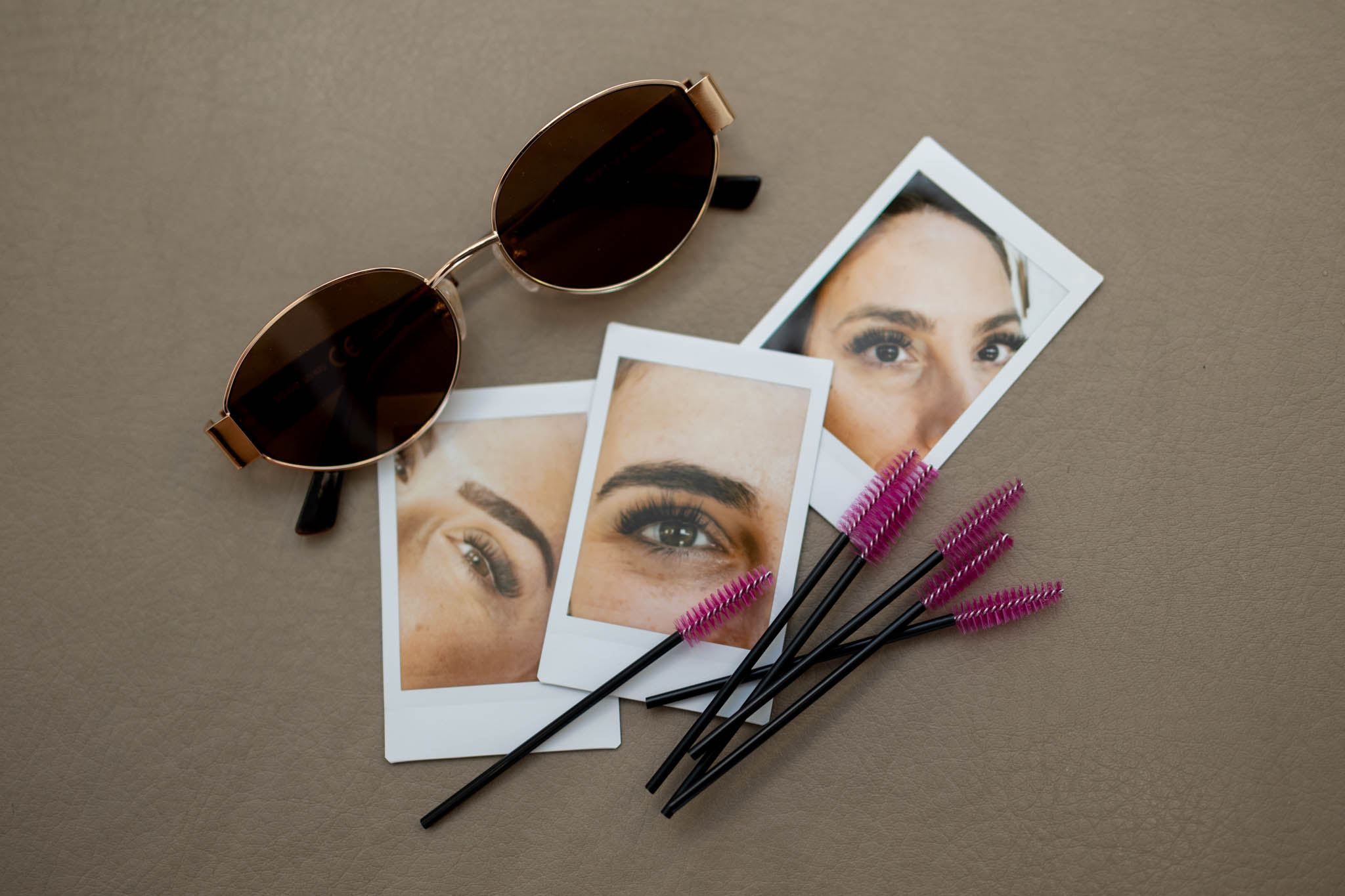 sunglasses, 3 printed pictures with lash lift, lash brushes